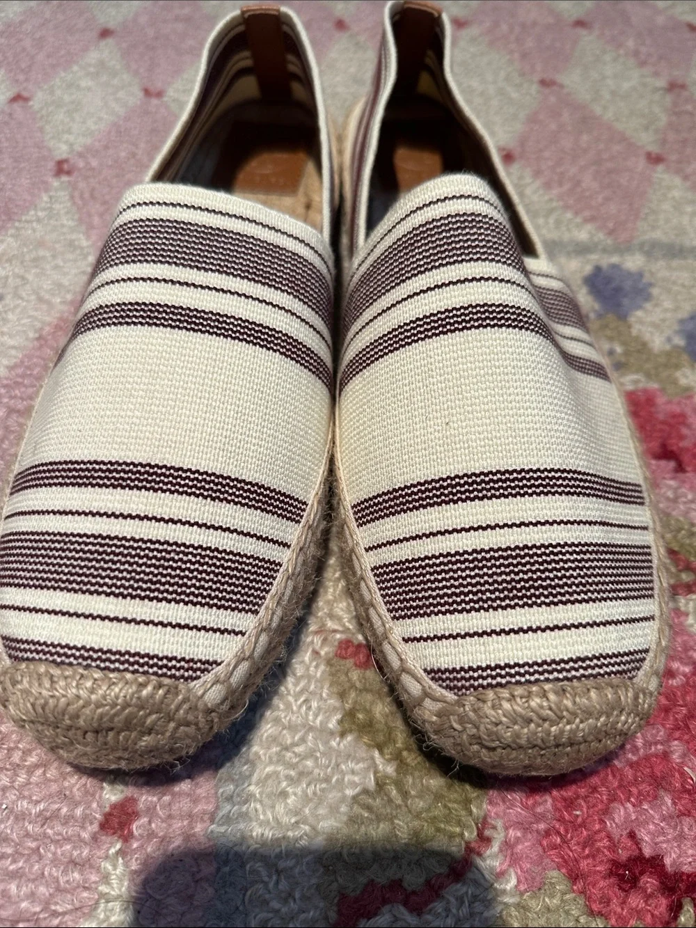 Tory Burch Cream Canvas Espadrille with Burgundy Stripes